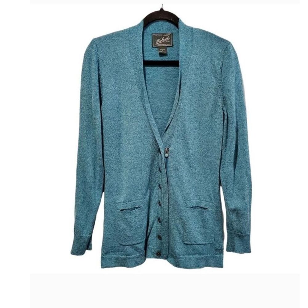 Woolrich Teal 100% Merino Wool Half Button UP Cardigan Pockets size Medium